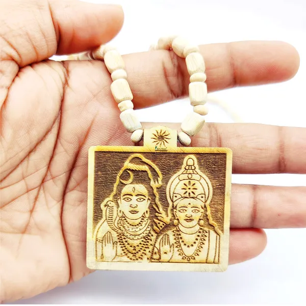Wooden_Carving_Shiv_and_parvati_Handmade_Locket/pendant_with_wood_and_tulsi_Mala