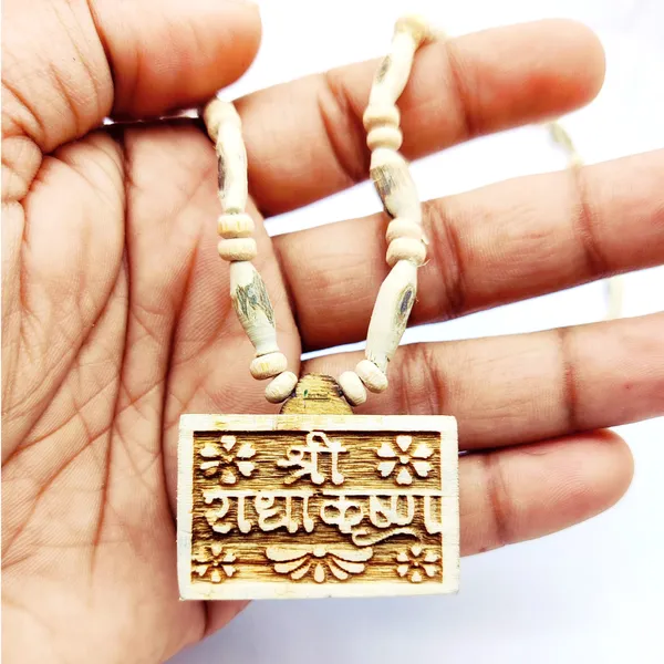 Wooden_Carving_shree_Radhe_krishna_Handmade_Locket/pendant_with_Tulsi_Kanthi_Mala