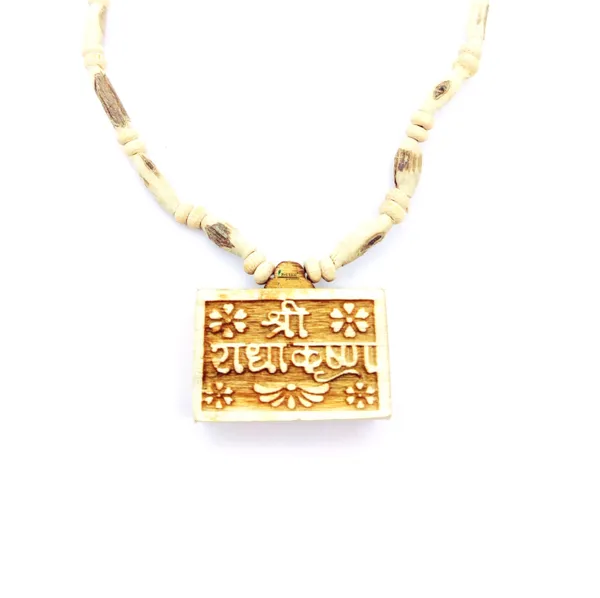 Wooden_Carving_shree_Radhe_krishna_Handmade_Locket/pendant_with_Tulsi_Kanthi_Mala