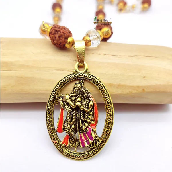 Radha_Krishna_Locket/Pendant_with_natural_Panch_Mukhi_Rudraksha_and_sphatik_beads_in_Golden_Cap_Mala