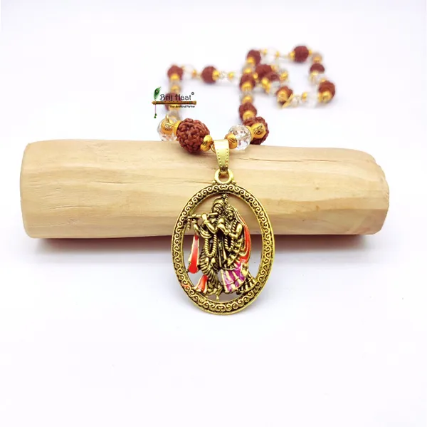 Radha_Krishna_Locket/Pendant_with_natural_Panch_Mukhi_Rudraksha_and_sphatik_beads_in_Golden_Cap_Mala