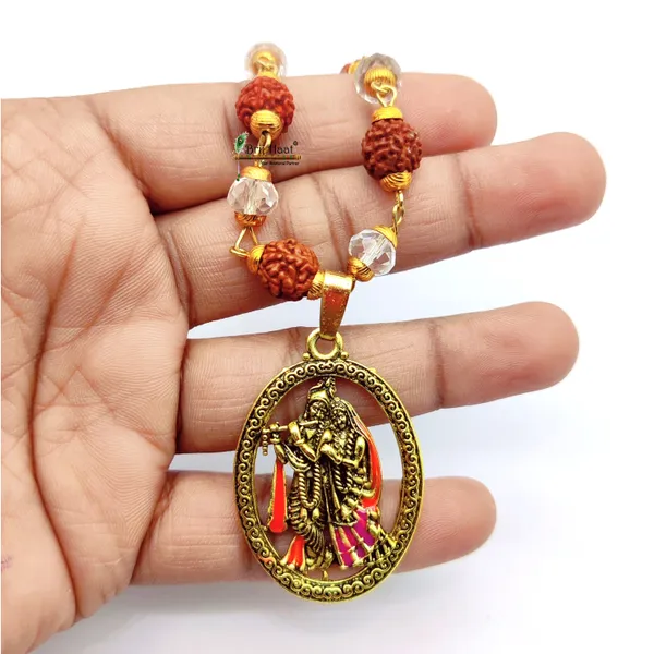 Radha_Krishna_Locket/Pendant_with_natural_Panch_Mukhi_Rudraksha_and_sphatik_beads_in_Golden_Cap_Mala