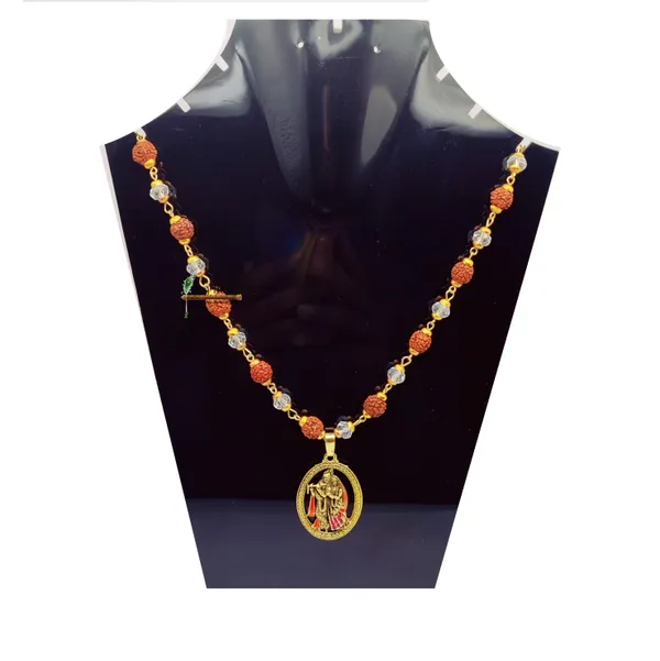 Radha_Krishna_Locket/Pendant_with_natural_Panch_Mukhi_Rudraksha_and_sphatik_beads_in_Golden_Cap_Mala