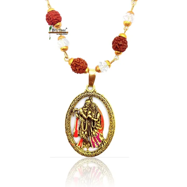 Radha_Krishna_Locket/Pendant_with_natural_Panch_Mukhi_Rudraksha_and_sphatik_beads_in_Golden_Cap_Mala