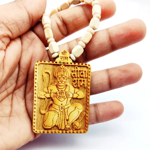 Wooden_Carving_Hanuman_ji_Shree_bageshwar_Balaji_dham_Handmade_Locket/pendant_with_wood_and_tulsi_Mala