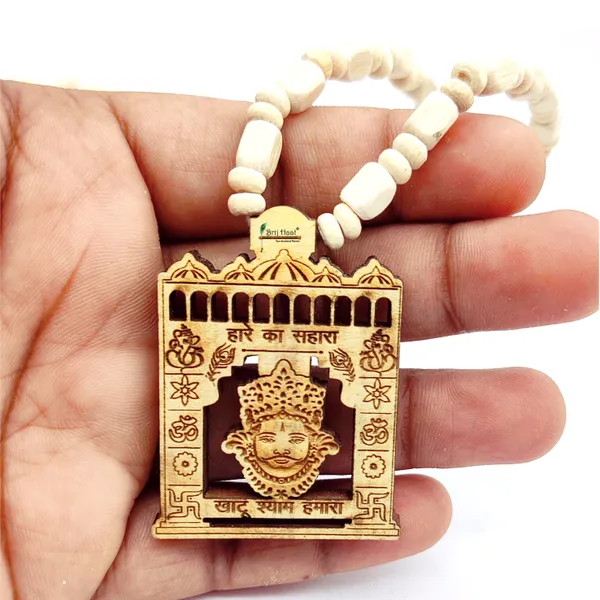 Wooden_Carving_Hare_ka_sahara_khatu_shyam_hamara_ji_Handmade_Locket/pendant_with_wood_and_tulsi_Mala
