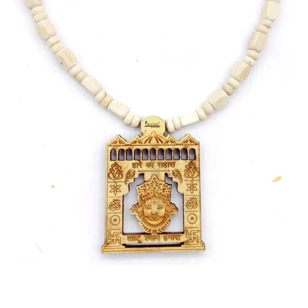 Wooden_Carving_Hare_ka_sahara_khatu_shyam_hamara_ji_Handmade_Locket/pendant_with_wood_and_tulsi_Mala