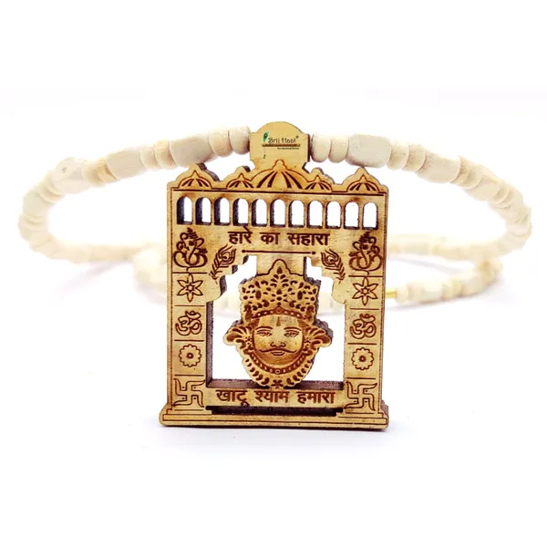 Wooden_Carving_Hare_ka_sahara_khatu_shyam_hamara_ji_Handmade_Locket/pendant_with_wood_and_tulsi_Mala