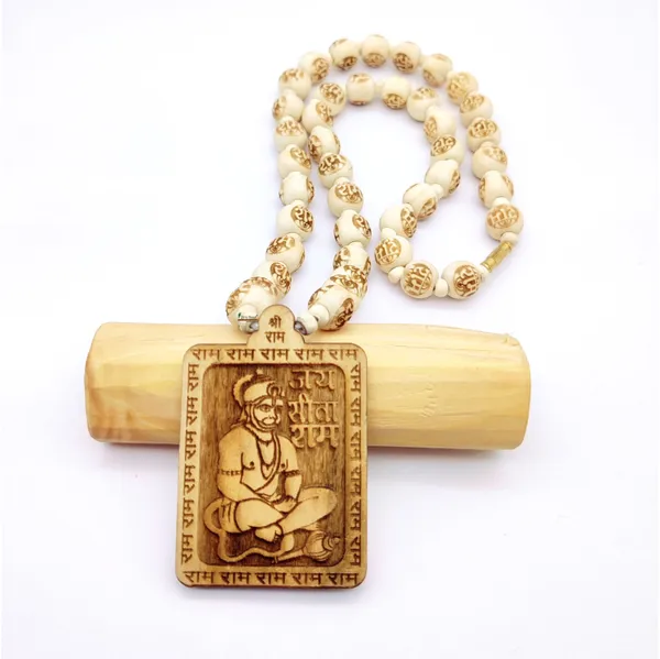 Wooden_Carving_Hanuman_ji_Shree_bageshwar_Balaji_dham_sita_ram_Handmade_Locket/pendant_with_ram_carving_and_tulsi_beads_Mala