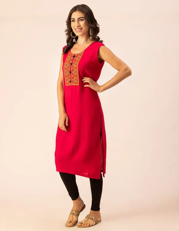 Magenta_Rayon_Women_Kurta,_Colourful_Embroidery_Work