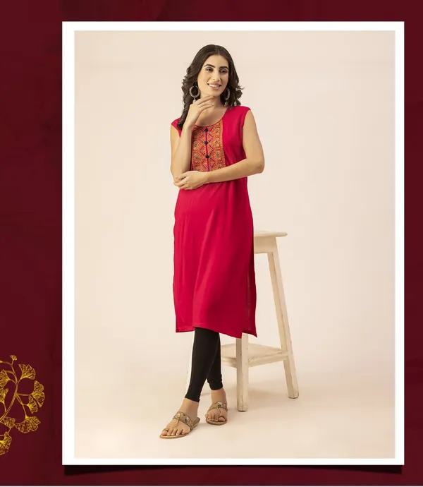 Magenta_Rayon_Women_Kurta,_Colourful_Embroidery_Work