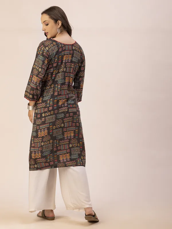 Dark_Grey_Rayon_Women_Kurta,__Tribal_Inspired_Foil_Print_with_Tassels