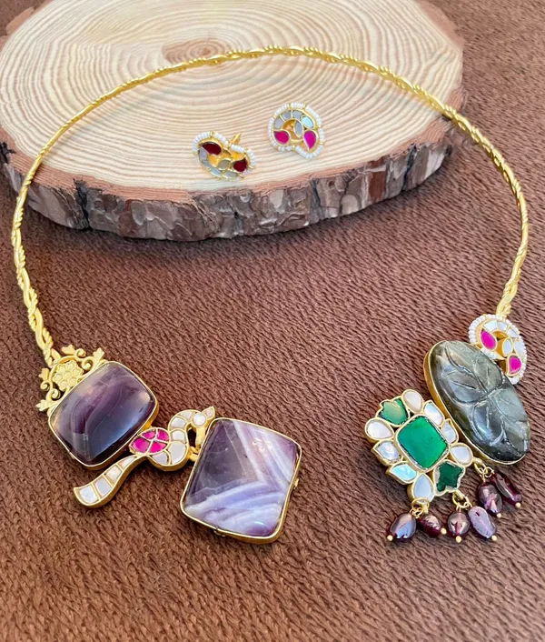 Handmade_Gold_Plated_Necklace_with_Earrings_studded_with_Semi_Precious_Stones,_01_Set_-_Multi_Color