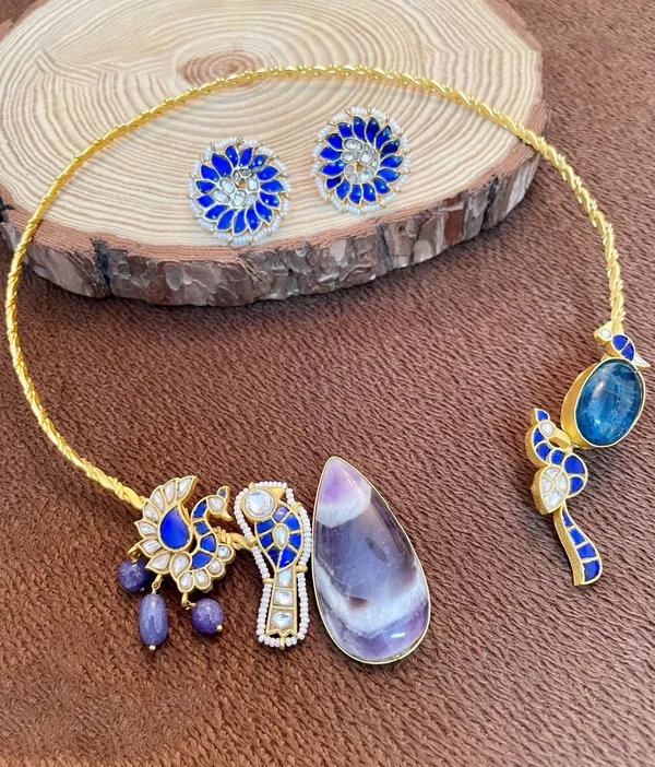 Gold_Plated_Necklace_with_Earrings_studded_with_Semi_Precious_Stones,_01_Set-_Multi_Color