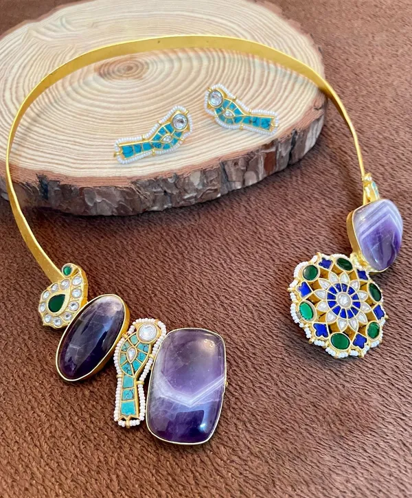 Gold_Plated_Necklace_with_Earrings_studded_with_Semi_Precious_Stones,_01_Set-_Multi_Color