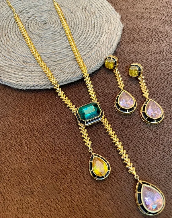 Handmade_Pendant_with_Earrings_studded_with_Semi_Precious_Stones_for_Women__-01_Piece_-_Multi_Color