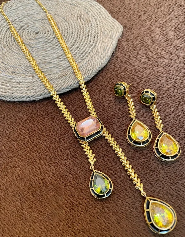 Handmade_Pendant_with_Earrings_studded_with_Semi_Precious_Stones_for_Women__-01_Piece_-_Multi_Color