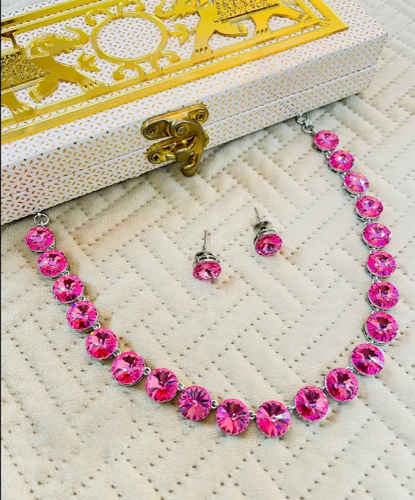 Silver_Plated_Rhinestone_Necklace_with_Earrings_-01_Set_-_Pink