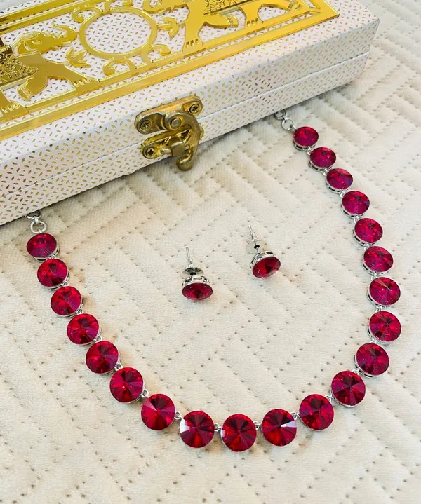 Silver_Plated_Rhinestone_Necklace_with_Earrings_-01_Set_-_Ruby_Red