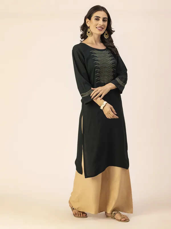 Dark_Green_Rayon_Women_Kurta,_Stylish_Embroidery_&_Pearl_Hand_work