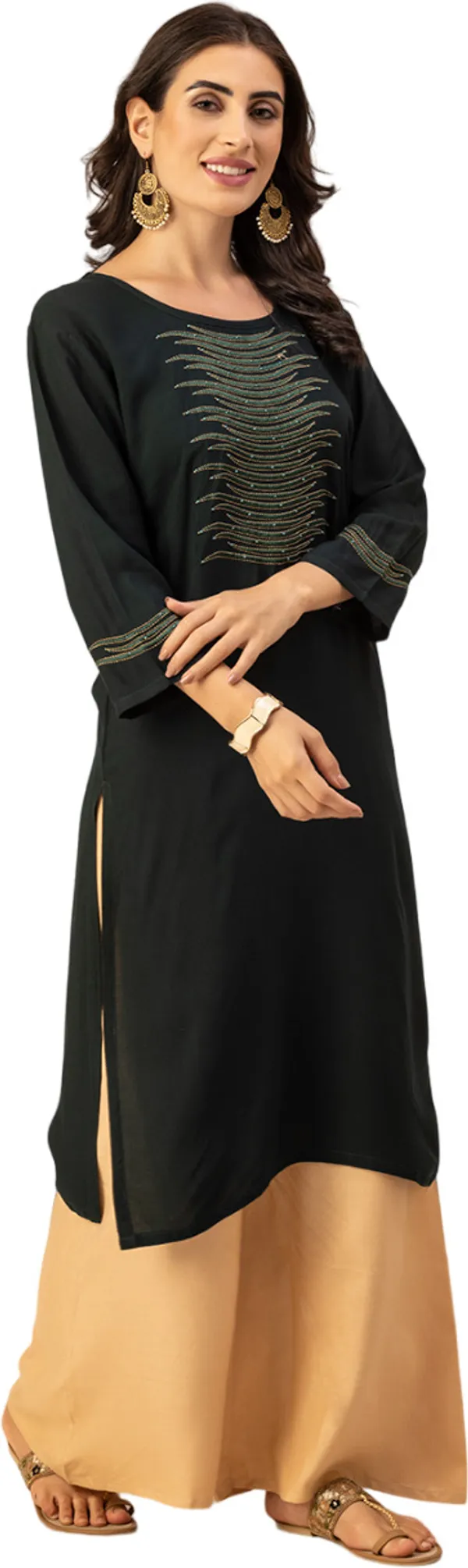 Dark_Green_Rayon_Women_Kurta,_Stylish_Embroidery_&_Pearl_Hand_work