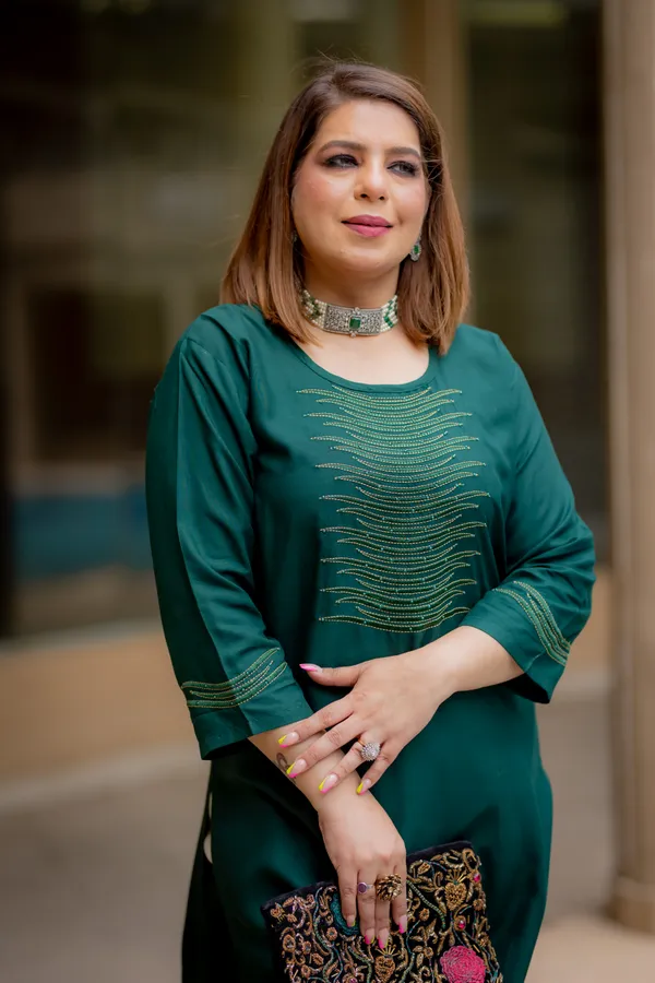 Dark_Green_Rayon_Women_Kurta,_Stylish_Embroidery_&_Pearl_Hand_work