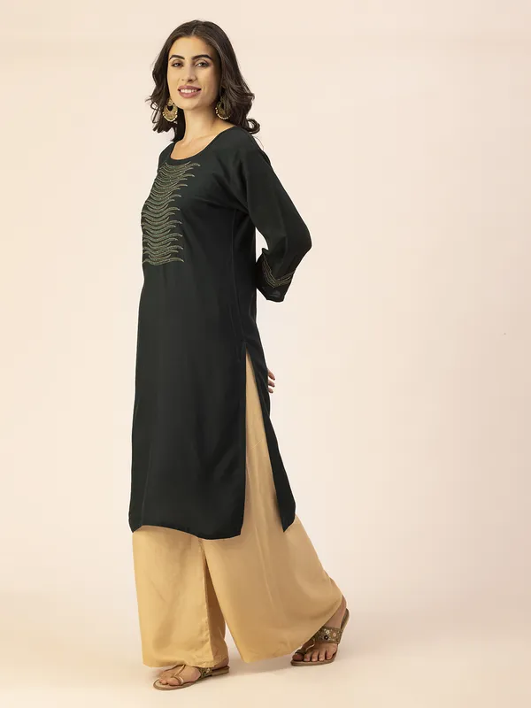 Dark_Green_Rayon_Women_Kurta,_Stylish_Embroidery_&_Pearl_Hand_work