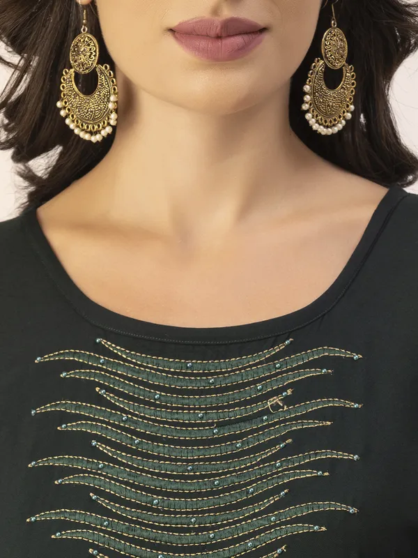 Dark_Green_Rayon_Women_Kurta,_Stylish_Embroidery_&_Pearl_Hand_work