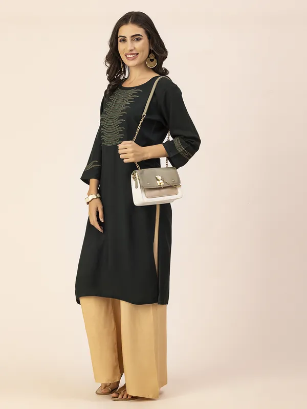 Dark_Green_Rayon_Women_Kurta,_Stylish_Embroidery_&_Pearl_Hand_work