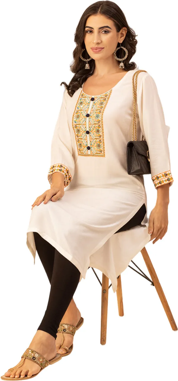 Off_White_Rayon_Women_Kurta,_Colourful_Embroidery_Work