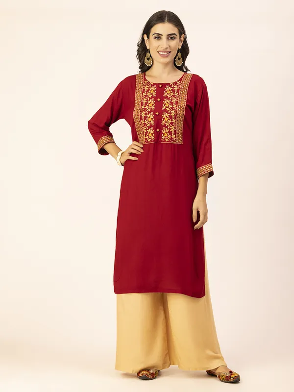 Maroon_Rayon_Slub_Women_Kurta,_Elegant_Floral_Embroidery_&_Handicrafted_Buttons
