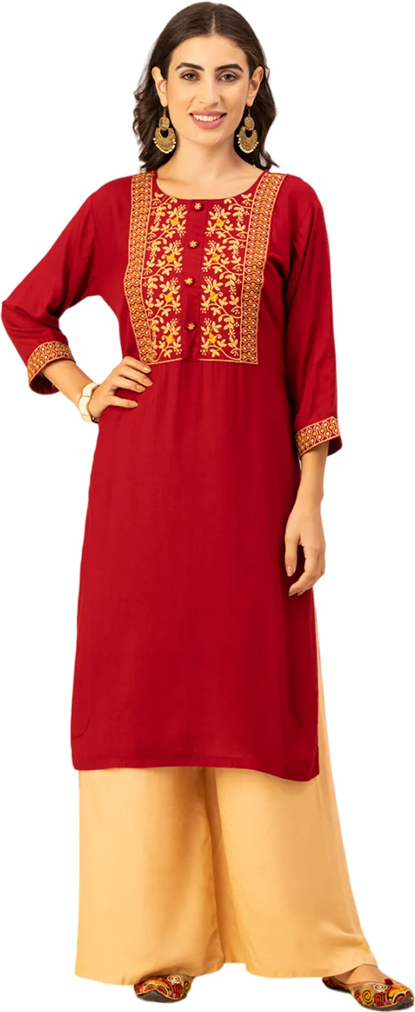 Maroon_Rayon_Slub_Women_Kurta,_Elegant_Floral_Embroidery_&_Handicrafted_Buttons