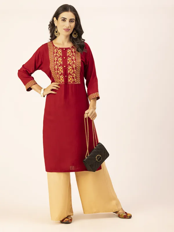 Maroon_Rayon_Slub_Women_Kurta,_Elegant_Floral_Embroidery_&_Handicrafted_Buttons