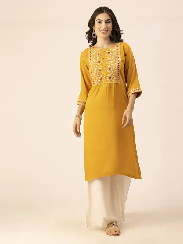 Mustard_Rayon_Slub_Women_Kurta,_Elegant_Floral_Embroidery_&_Handicrafted_Buttons
