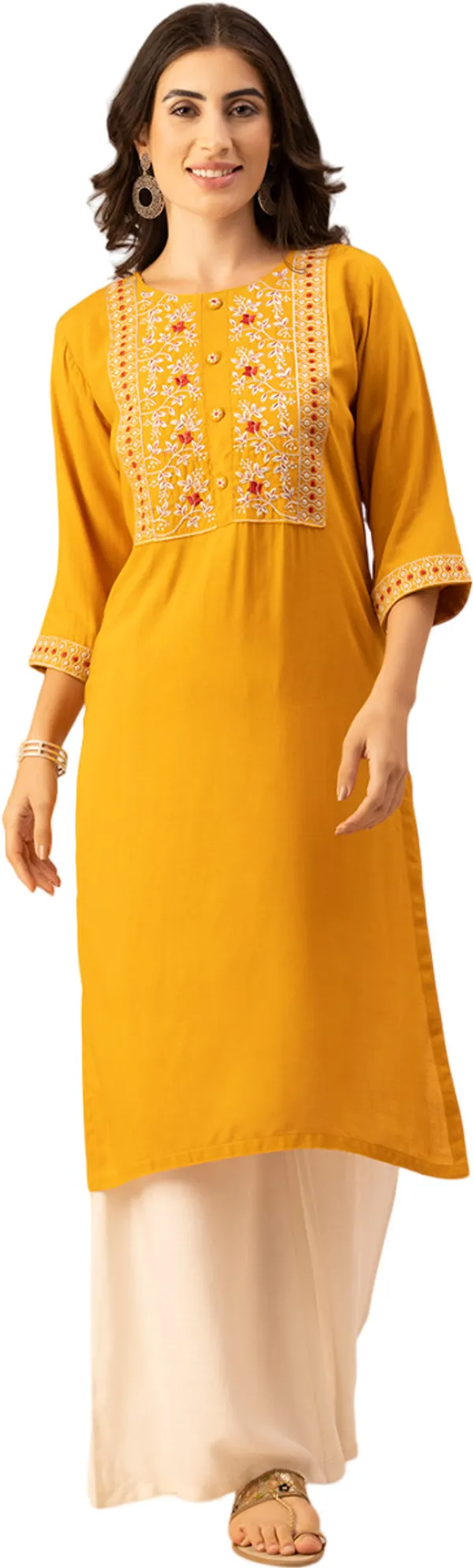 Mustard_Rayon_Slub_Women_Kurta,_Elegant_Floral_Embroidery_&_Handicrafted_Buttons