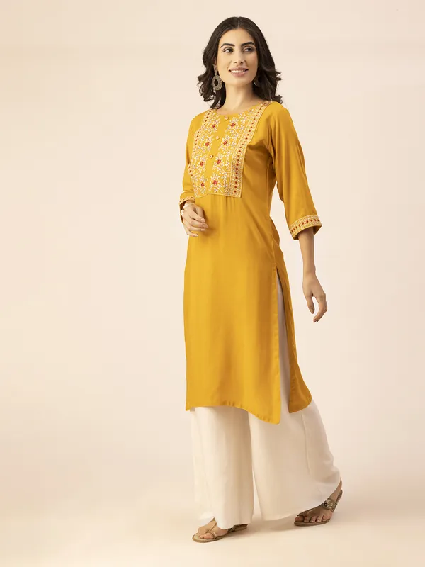 Mustard_Rayon_Slub_Women_Kurta,_Elegant_Floral_Embroidery_&_Handicrafted_Buttons