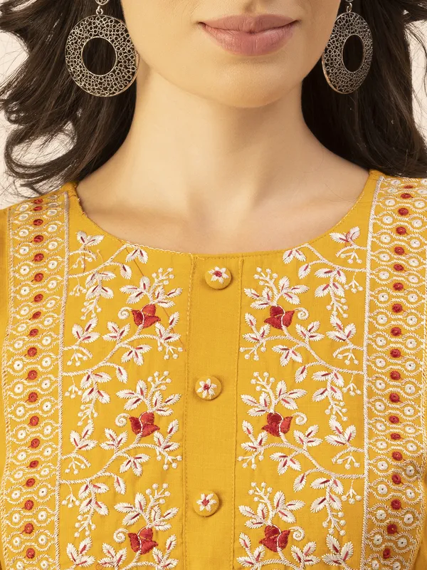 Mustard_Rayon_Slub_Women_Kurta,_Elegant_Floral_Embroidery_&_Handicrafted_Buttons