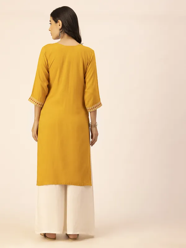 Mustard_Rayon_Slub_Women_Kurta,_Elegant_Floral_Embroidery_&_Handicrafted_Buttons