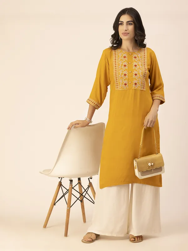 Mustard_Rayon_Slub_Women_Kurta,_Elegant_Floral_Embroidery_&_Handicrafted_Buttons