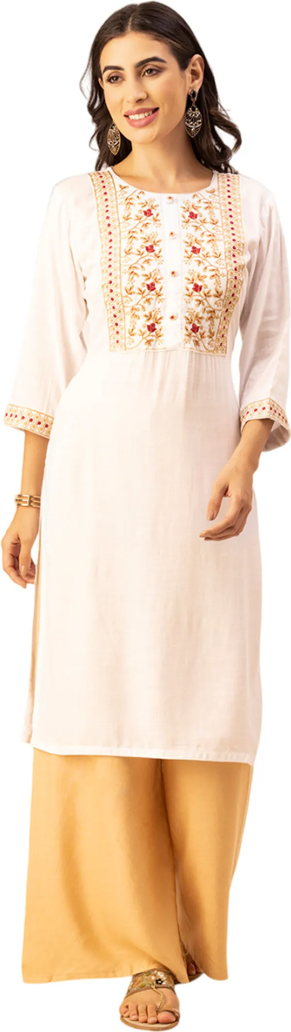 White_Rayon_Slub_Women_Kurta,_Elegant_Floral_Embroidery_&_Handicrafted_Buttons