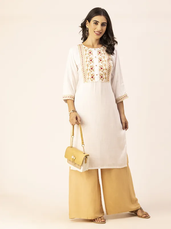 White_Rayon_Slub_Women_Kurta,_Elegant_Floral_Embroidery_&_Handicrafted_Buttons