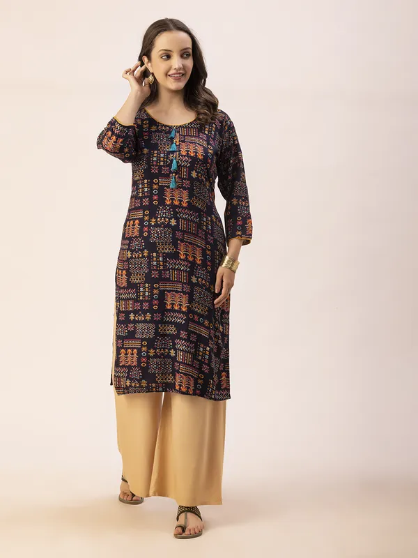 Navy_Blue_Rayon_Women_Kurta,__Tribal_Inspired_Foil_Print_with_Tassels