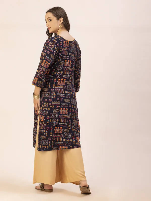 Navy_Blue_Rayon_Women_Kurta,__Tribal_Inspired_Foil_Print_with_Tassels