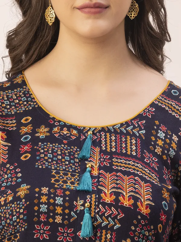 Navy_Blue_Rayon_Women_Kurta,__Tribal_Inspired_Foil_Print_with_Tassels