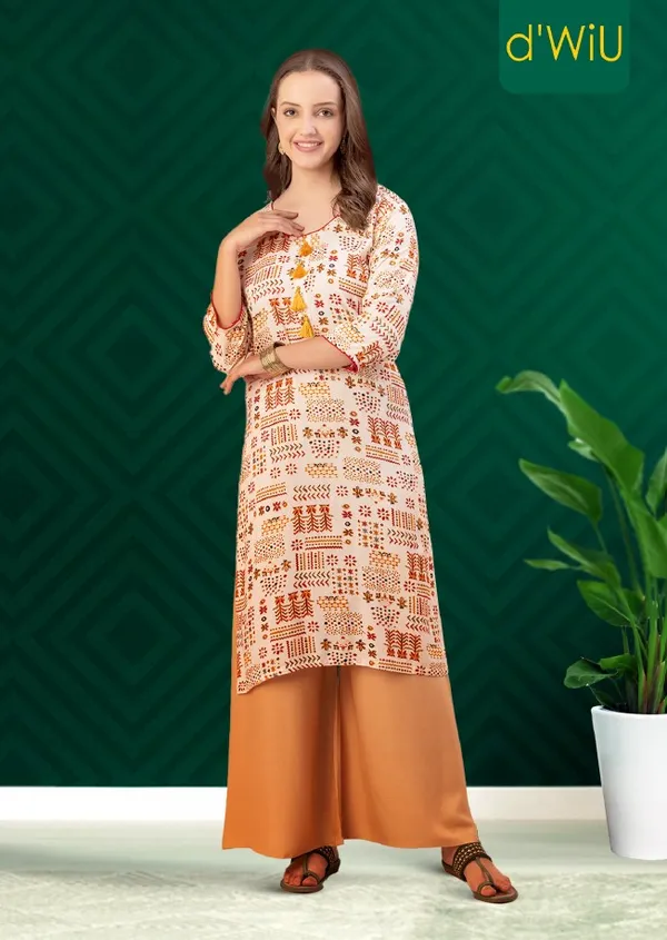 Off_White_Rayon_Women_Kurta,__Tribal_Inspired_Foil_Print_with_Tassels