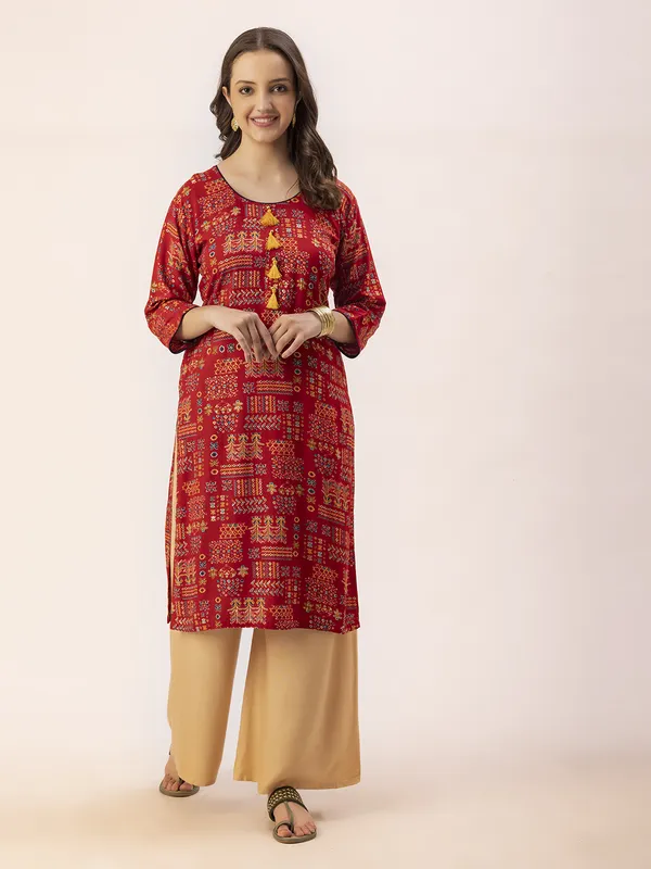 Red_Rayon_Women_Kurta,__Tribal_Inspired_Foil_Print_with_Tassels