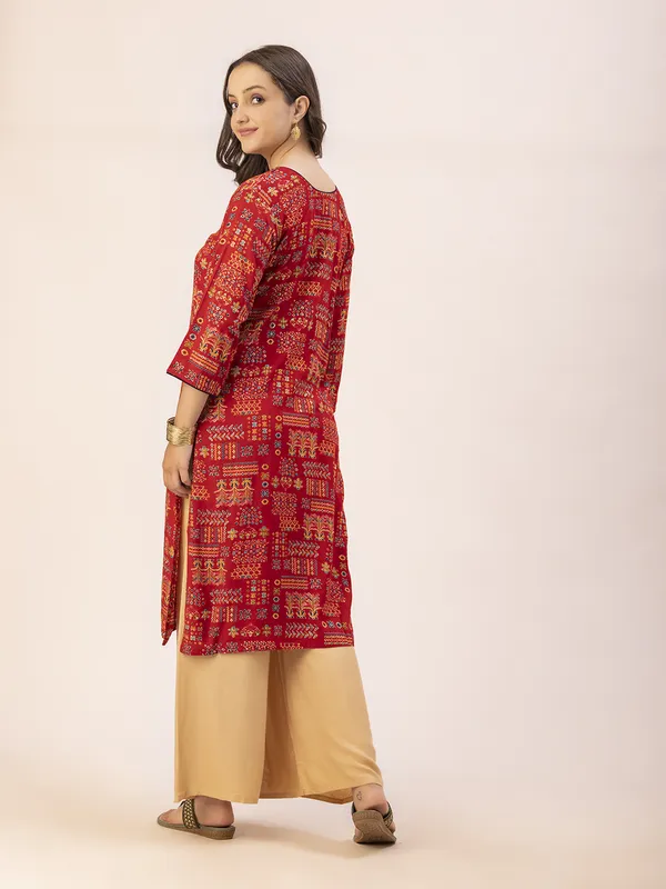 Red_Rayon_Women_Kurta,__Tribal_Inspired_Foil_Print_with_Tassels