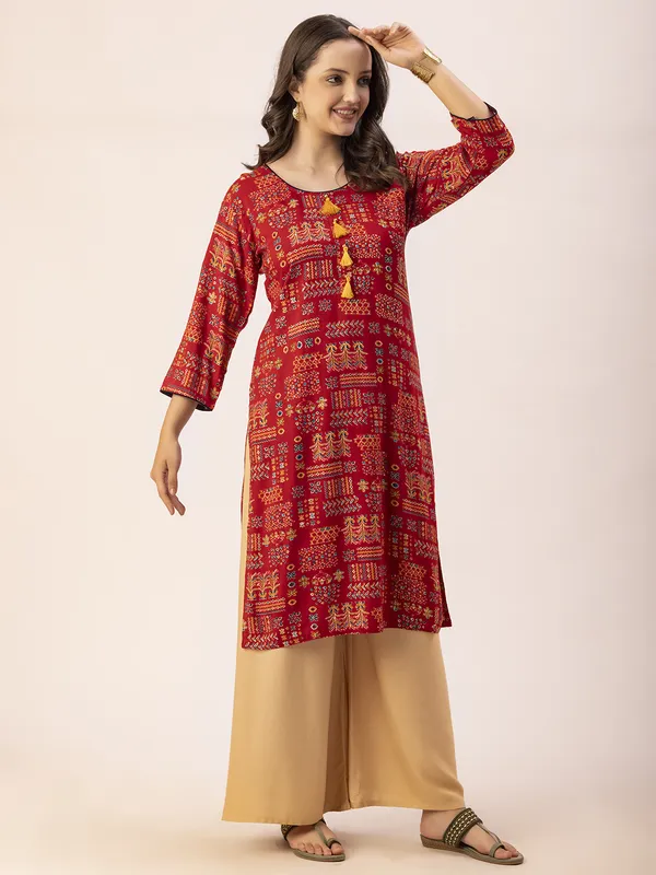 Red_Rayon_Women_Kurta,__Tribal_Inspired_Foil_Print_with_Tassels