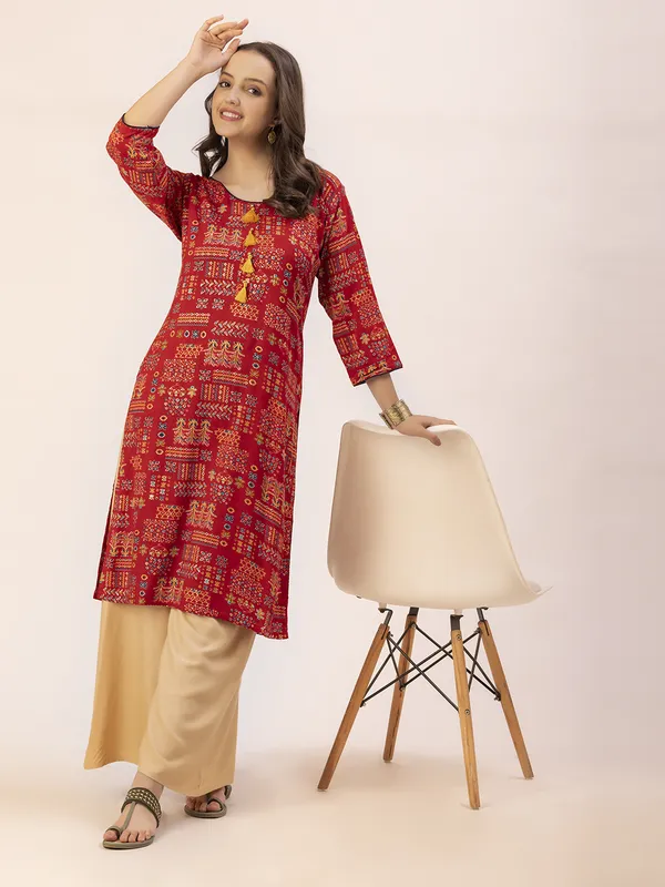 Red_Rayon_Women_Kurta,__Tribal_Inspired_Foil_Print_with_Tassels