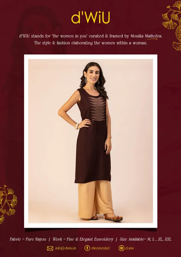 Dark_Brown_Rayon_Women_Kurta,_Stylish_Embroidery_&_Pearl_Hand_work